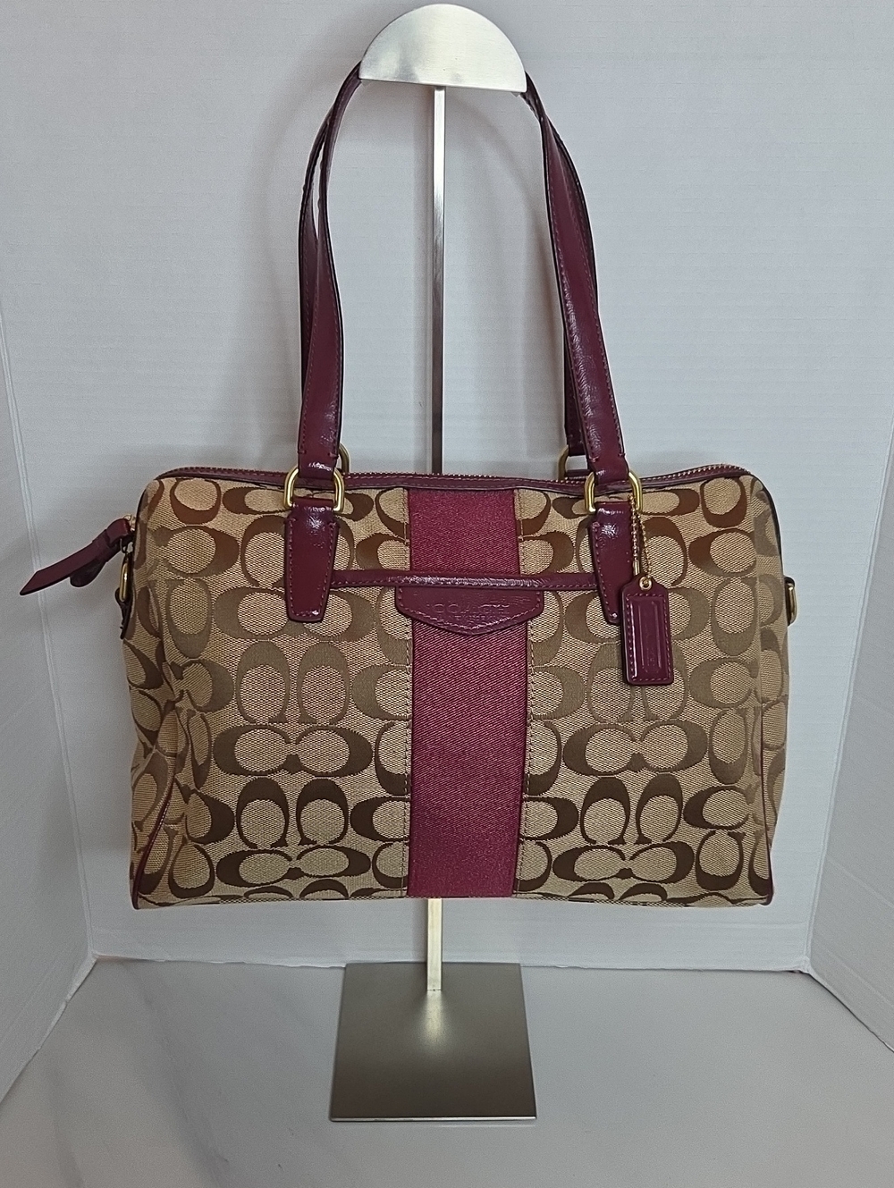 Coach Brown Signature Canvas Shoulder Bag with Burgundy Trim